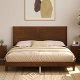 Mid-Century Modern Queen Size Wood Platform Bed with Statement Headboard & Angled Tapered Legs for Bedroom, No Box Spring Needed