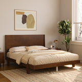 Mid-Century Modern Queen Size Wood Platform Bed with Statement Headboard & Angled Tapered Legs for Bedroom, No Box Spring Needed