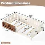 Twin Size Low Profile Platform Bed Montessori Floor Bed Frame Kids Daybed with Bookshelf & Safety Guardrails
