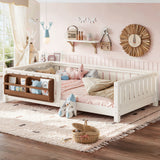 Twin Size Low Profile Platform Bed Montessori Floor Bed Frame Kids Daybed with Bookshelf & Safety Guardrails