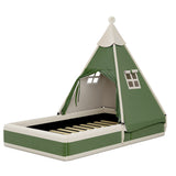 Full Kid Platform Bed with Safe Cushioned Edges&Play Tent Headboard, Upholstered Toddler Bed Baby Playpen Montessori Low Floor Bed, Green