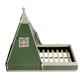 Full Kid Platform Bed with Safe Cushioned Edges&Play Tent Headboard, Upholstered Toddler Bed Baby Playpen Montessori Low Floor Bed, Green