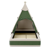 Full Kid Platform Bed with Safe Cushioned Edges&Play Tent Headboard, Upholstered Toddler Bed Baby Playpen Montessori Low Floor Bed, Green