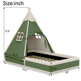 Full Kid Platform Bed with Safe Cushioned Edges&Play Tent Headboard, Upholstered Toddler Bed Baby Playpen Montessori Low Floor Bed, Green