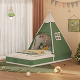 Full Kid Platform Bed with Safe Cushioned Edges&Play Tent Headboard, Upholstered Toddler Bed Baby Playpen Montessori Low Floor Bed, Green