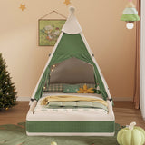 Full Kid Platform Bed with Safe Cushioned Edges&Play Tent Headboard, Upholstered Toddler Bed Baby Playpen Montessori Low Floor Bed, Green