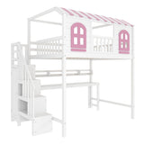 Full Whimsical Loft Bed Sturdy House Bed with Storage Stairs, Wardrobe, Desk & Shelves for Kids&Teens, White+Pink