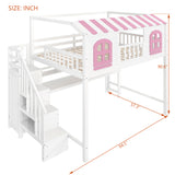 Full Whimsical Loft Bed Sturdy House Bed with Storage Stairs, Wardrobe, Desk & Shelves for Kids&Teens, White+Pink