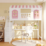 Full Whimsical Loft Bed Sturdy House Bed with Storage Stairs, Wardrobe, Desk & Shelves for Kids&Teens, White+Pink