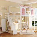 Full Whimsical Loft Bed Sturdy House Bed with Storage Stairs, Wardrobe, Desk & Shelves for Kids&Teens, White+Pink