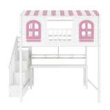 Full Whimsical Loft Bed Sturdy House Bed with Storage Stairs, Wardrobe, Desk & Shelves for Kids&Teens, White+Pink