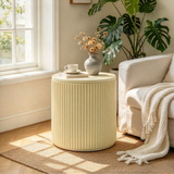 Round Magnesium Oxide Outdoor End Table, Side Table with Fluted Textured Design, Accent Table for Patio, Living Room, Bedroom