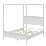 Queen Size Canopy Bed Platform Bed Frame with Headboard, Mid-Century Modern 4-Poster Bed, White