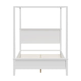 Queen Size Canopy Bed Platform Bed Frame with Headboard, Mid-Century Modern 4-Poster Bed, White