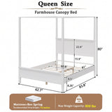 Queen Size Canopy Bed Platform Bed Frame with Headboard, Mid-Century Modern 4-Poster Bed, White