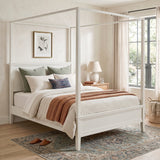 Queen Size Canopy Bed Platform Bed Frame with Headboard, Mid-Century Modern 4-Poster Bed, White
