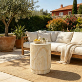 18.9"H Fluted Patio End Table Concrete Side Table Round MGO Pedestal Accent Table Garden Stool for Indoor & Outdoor