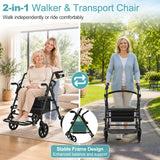 2 in 1 Walker & Rollator Seniors Foldable Wheelchair with Adjustable Handle,Foam Seat,360° Swivel Casters,Storage Bag,Cup Holder, Black