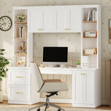 Farmhouse Computer Desk, Home Office Hutch Desk with Keyboard Tray, File Drawer, Cabinets & Adjustable Shelves for Study