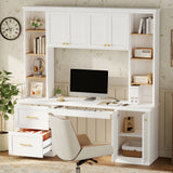 Farmhouse Computer Desk, Home Office Hutch Desk with Keyboard Tray, File Drawer, Cabinets & Adjustable Shelves for Study
