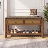 Solid Wood Storage Bench Entryway Shoe Bench Rustic Shoe Organizer with 2 Drawer & Ventilated Slatted Shelf, Walnut