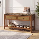 Solid Wood Storage Bench Entryway Shoe Bench Rustic Shoe Organizer with 2 Drawer & Ventilated Slatted Shelf, Walnut