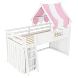 Twin Size Playhouse Loft Bed Frame with Top Tent & Under-Bed Curtain, Kids Bed Frame with Full-Length Guardrails, 2 Hooks