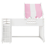 Twin Size Playhouse Loft Bed Frame with Top Tent & Under-Bed Curtain, Kids Bed Frame with Full-Length Guardrails, 2 Hooks