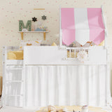 Twin Size Playhouse Loft Bed Frame with Top Tent & Under-Bed Curtain, Kids Bed Frame with Full-Length Guardrails, 2 Hooks
