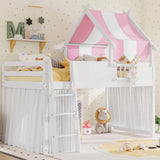 Twin Size Playhouse Loft Bed Frame with Top Tent & Under-Bed Curtain, Kids Bed Frame with Full-Length Guardrails, 2 Hooks