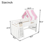 Twin Size Playhouse Loft Bed Frame with Top Tent & Under-Bed Curtain, Kids Bed Frame with Full-Length Guardrails, 2 Hooks
