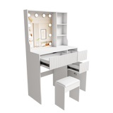 Makeup Vanity Desk Compact Dressing Table Set with Padded Stool, 3-Mode Lighted Hollywood Mirror, Power Outlet & Hair Dryer Holder, White
