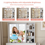 Makeup Vanity Desk Compact Dressing Table Set with Padded Stool, 3-Mode Lighted Hollywood Mirror, Power Outlet & Hair Dryer Holder, White