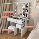 Makeup Vanity Desk Compact Dressing Table Set with Padded Stool, 3-Mode Lighted Hollywood Mirror, Power Outlet & Hair Dryer Holder, White