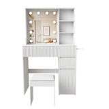 Makeup Vanity Desk Compact Dressing Table Set with Padded Stool, 3-Mode Lighted Hollywood Mirror, Power Outlet & Hair Dryer Holder, White