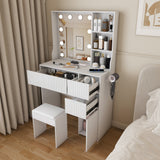 Makeup Vanity Desk Compact Dressing Table Set with Padded Stool, 3-Mode Lighted Hollywood Mirror, Power Outlet & Hair Dryer Holder, White