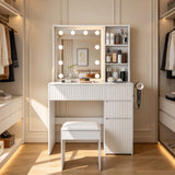 Makeup Vanity Desk Compact Dressing Table Set with Padded Stool, 3-Mode Lighted Hollywood Mirror, Power Outlet & Hair Dryer Holder, White