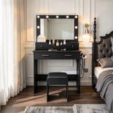 Makeup Vanity Desk Compact Dressing Table Set with Stool, 3-Mode Lighted Hollywood Mirror, Power Socket & Hair Dryer Holder, Black