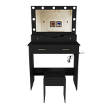 Makeup Vanity Desk Compact Dressing Table Set with Stool, 3-Mode Lighted Hollywood Mirror, Power Socket & Hair Dryer Holder, Black