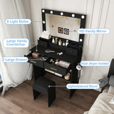 Makeup Vanity Desk Compact Dressing Table Set with Stool, 3-Mode Lighted Hollywood Mirror, Power Socket & Hair Dryer Holder, Black