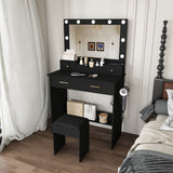 Makeup Vanity Desk Compact Dressing Table Set with Stool, 3-Mode Lighted Hollywood Mirror, Power Socket & Hair Dryer Holder, Black