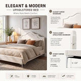 King Size Upholstered Platform Bed Frame with Curved Thick Padded Headboard & Sturdy Iron Legs, Off White