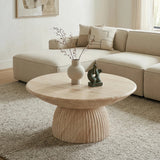 27.56" Round Coffee Table, Faux Travertine MGO Accent Table with Fluted Base, Side Table for Living Room, No Assembly Required