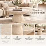27.56" Round Coffee Table, Faux Travertine MGO Accent Table with Fluted Base, Side Table for Living Room, No Assembly Required