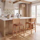 Set 2 Counter Stools Rubberwood Bar Stool with Leather Padded Seat, Rattan Back&Footrest for Breakfast Nook Kitchen Island, Brown,Natural