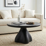 27.56" Round Coffee Table, Faux Travertine MGO Accent Cocktail Table with Sculptural Trumpet Base, Side Table for Living Room