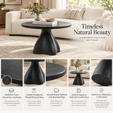 27.56" Round Coffee Table, Faux Travertine MGO Accent Cocktail Table with Sculptural Trumpet Base, Side Table for Living Room
