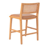 Set 2 Counter Stools Rubberwood Bar Stool with Leather Padded Seat, Rattan Back&Footrest for Breakfast Nook Kitchen Island, Brown,Natural
