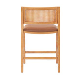 Set 2 Counter Stools Rubberwood Bar Stool with Leather Padded Seat, Rattan Back&Footrest for Breakfast Nook Kitchen Island, Brown,Natural