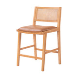Set 2 Counter Stools Rubberwood Bar Stool with Leather Padded Seat, Rattan Back&Footrest for Breakfast Nook Kitchen Island, Brown,Natural